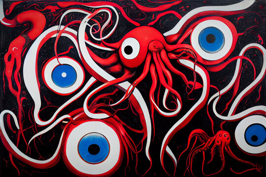 Abstract art, tentacles, eyes and suckers, colossal squid octopus hybrids rendered in bold acrylic colours of red, black, blue and white.