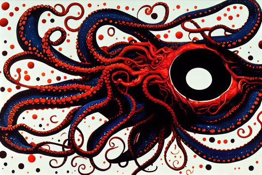 Abstract art, tentacles, eyes and suckers, colossal squid octopus hybrids rendered in bold acrylic colours of red, black, blue and white.