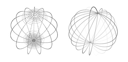 Set of abstract spheres from points and lines on a white background. Network connection structure. Big data visualization. Vector illustration.