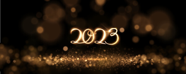 2023 golden fire light lines text new year background with yellow defocused blurred light effect bokeh. Vector eps10