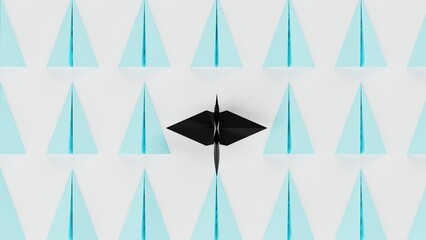 Origami of black crane and many soft blue airplanes on white board under white lighting background. Concept 3D CG of Japanese traditional culture, wish for world peace and legendary president.