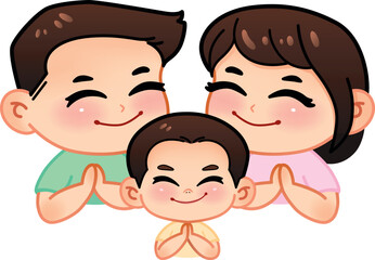 Thai family doing Wai, Thai hands greeting