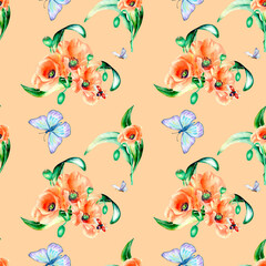 Meadow red flowers with butterflies watercolor seamless pattern on coral.