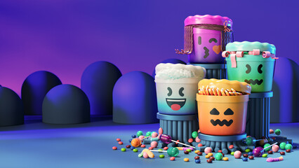 Obraz premium Four Emoji Candy Buckets on Stands with Candy Strewn on Floor - 3d Render