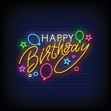 Neon Sign happy birthday with Brick Wall Background vector