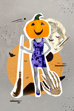 Vertical creative collage image of witch lumberjack halloween pumpkin instead head hold broomstick dress heels full moon skeleton hand