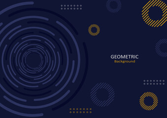 Abstract geometric template flat design with spiral, swirl, and round shapes on a dark blue background. Copy space for text. Landing page design. Vector Illustration.
