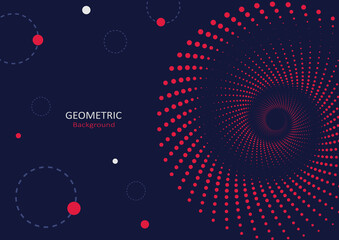 Abstract geometric template flat design with red dots spiral, swirl, and round shapes on a dark blue background. Copy space for text. Landing page design. Vector Illustration.