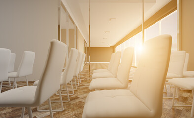 Modern office building interior. 3D rendering.. Sunset.