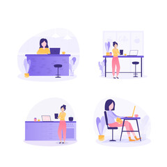 Freelance people work in comfortable conditions set vector flat illustration. Freelancer character working from home or beach at relaxed pace, convenient workplace.