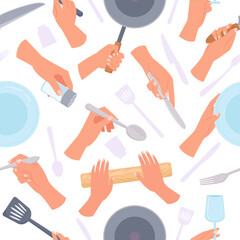 utensils pattern. kitchenware in hands tools for preparing food forks pan and plates. Vector seamless background