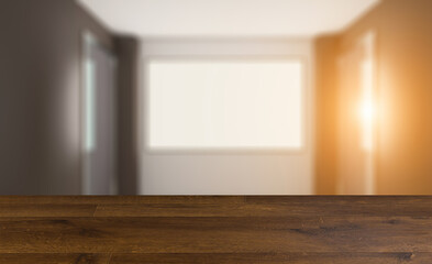 Open space office interior with like conference room. Mockup. 3D. Background with empty wooden table. Flooring.