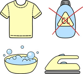 Icons of the rules of care for clothes. The T-shirt icon, the washing icon, the iron ironing icon, the do not use chlorine-containing substances icon. Vector signs.