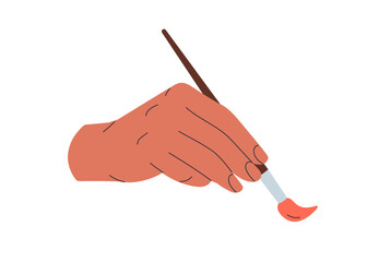 Hand holding paintbrush, making brush stroke, applying paint. Artists arm, wrist drawing. Fingers squeezing painting tool, supplies. Flat vector illustration isolated on white background