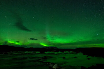 Northern lights over the river silk water