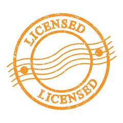 LICENSED, text written on orange postal stamp.