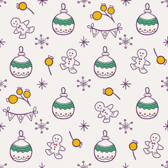 Seamless doodle style Christmas pattern. Cute background with Christmas or New Year elements. Vintage vector illustration for wrapping paper, fabric, textile.