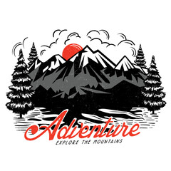 Mountain adventure vintage print design for t shirt. Wild lake vector artwork design., Adventure at the mountain graphic artwork for t shirt and others. Mountain with tree retro vintage print design.