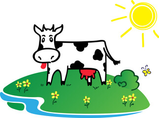 Funny Cow Black and White. Sun and field. PNG illustration