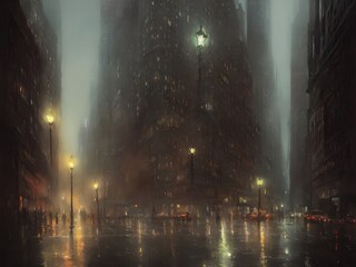 Fototapeta na wymiar Night Gotham in the rain. Oil paints, illustration.