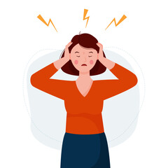 Woman suffering from headache, panic and depression. Girl holding her head with her hands. Vector flat illustration