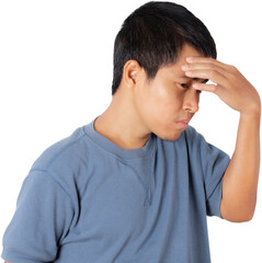 Young man showing headache gesture and ill.