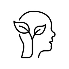 Leaf and Person Brain Ecology Environment Concept Line Icon. Plant in Human Head Linear Pictogram. Tree Branch Ecology Idea Outline Icon. Green Thinking. Editable Stroke. Isolated Vector Illustration
