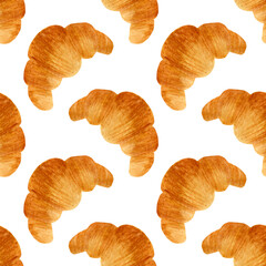 Watercolor hand drawn golden croissants isolated on a white background. Seamless pattern with baked French pastry 