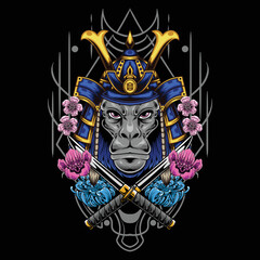 vector illustration of monkey wearing samurai helmet