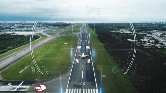 Airport departure analysis, a plane leaving on a runway with data - 3D render HUD