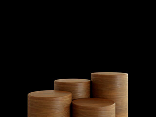 Cosmetic wood podium isolated in black background. Template for product presentation. 3d rendering