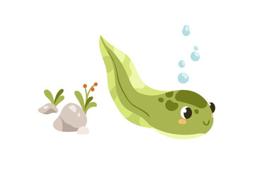 Cute tadpole swimming. Little larval froggy floating. Baby frog, small amphibian, adorable animal. Funny happy smiling character. Flat cartoon vector illustration isolated on white background