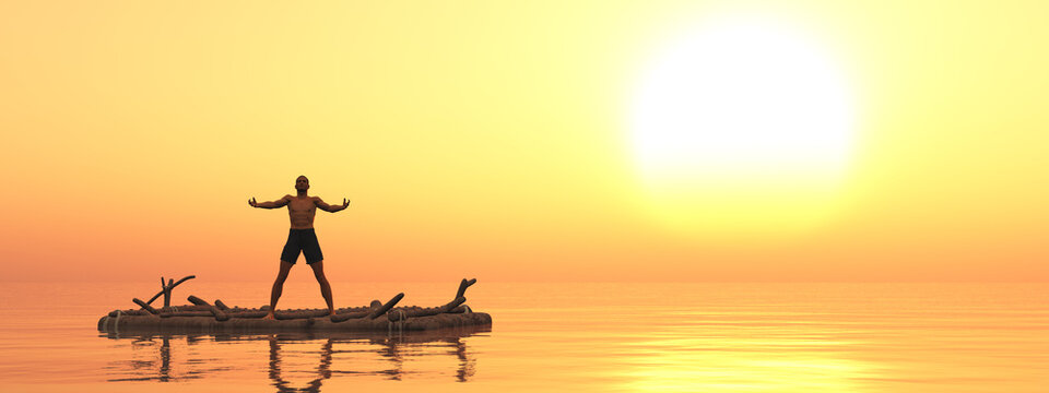 Schiffbrüchiger auf einem Floß bei Sonnenuntergang