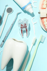 Concept of tooth treatment and dental care, top view