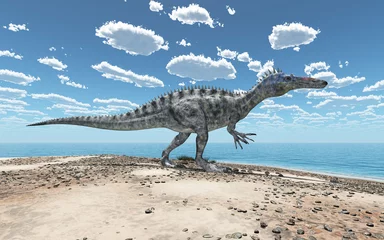 Badezimmer Foto Rückwand Dinosaurier Suchomimus am Strand © Michael Rosskothen