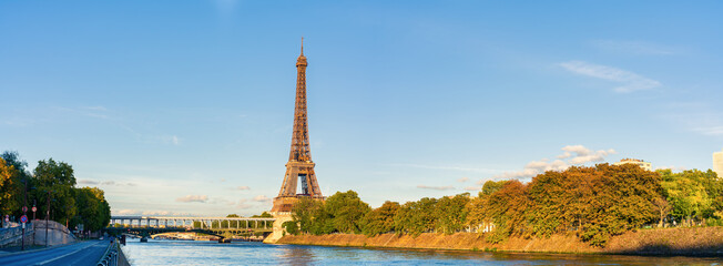 Eiffel Tower panoramic view in autumn season in Paris. France