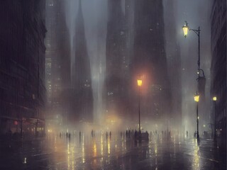 Fototapeta na wymiar Night Gotham in the rain. Oil paints, illustration.
