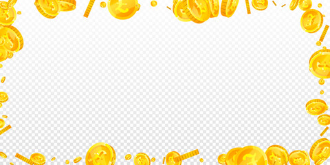 British pound coins falling. Scattered gold GBP