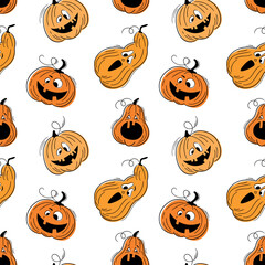 Seamless pattern with emotions halloween pumpkins on white background. Сute hand drawn orange pumpkins. Funny faces for scrapbook digital paper, textile print, page fill