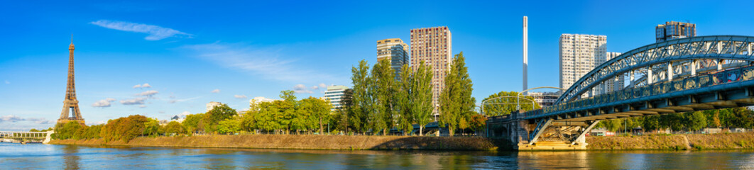 Riverside panorama of Beaugrenelle district of Paris with Eiffel Tower in the background. France