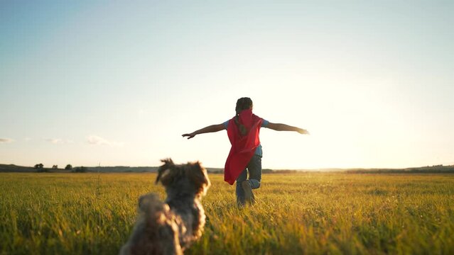 Happy child in park at sunset. Boy in superhero costume runs through the grass with dog. Child plays in park with a pet. Child with dog in nature. Superhero in red cape plays in the park with a dog