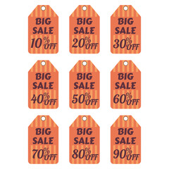 Discount tag icon set. Discount label isolated on white background. Sale sticker in retro color palette. Sale banner with different price cut percent. Halloween sale badges. Vector illustration