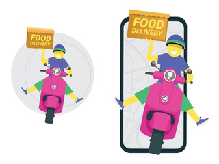 Delivery package or food by scooter on mobile phone