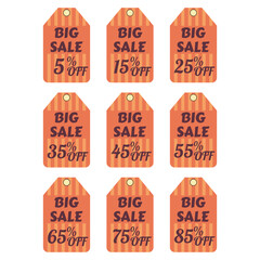 Discount tag icon set. Discount label isolated on white background. Sale sticker in retro color palette. Sale banner with different price cut percent. Halloween sale badges. Vector illustration