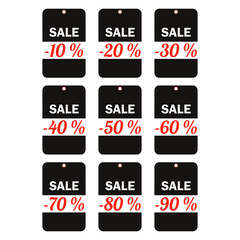 Discount tag icon set. Sale label isolated on white background. Black Friday sales tag. Sale banner with different price cut percent. Price tags in black color with red text. Vector illustration