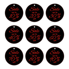 Discount tag icon set. Sale label isolated on white background. Black Friday sales tag. Sale banner with different price cut percent. Price tags in black color with red text. Vector illustration