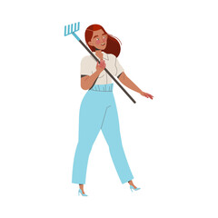 Young Woman on Heels Carrying Rake on Her Shoulder for Garden or Yard Work Vector Illustration