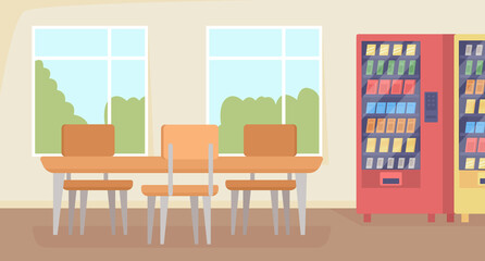 School dining space flat color raster illustration. College cafeteria area. Lunch break space. Hallway with table and vending machines 2D cartoon interior with window on background