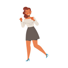 Excited Woman with Clenched Fists Feeling Joy and Happiness Cheering About Something Vector Illustration