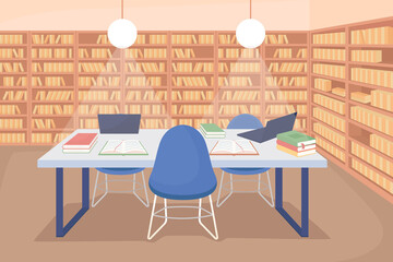 School library space flat color raster illustration. College room with bookcases. Desk for reading. Educational space for studying with books 2D cartoon interior with bookshelves row on background